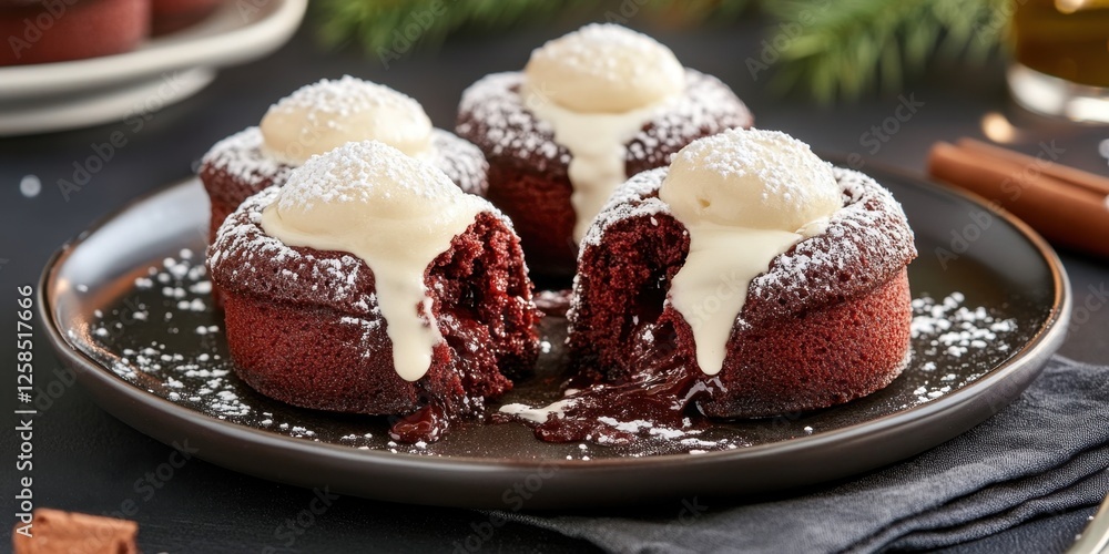 Decadent chocolate lava cakes with vanilla cream topping and powdered sugar dusting. Red Velvet Lava Cakes Decadent chocolate lava cakes with vanilla cream topping and powdered sugar dusting. Red Velvet Lava Cakes