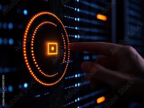 A hand reaching for a glowing button on a modern server panel.