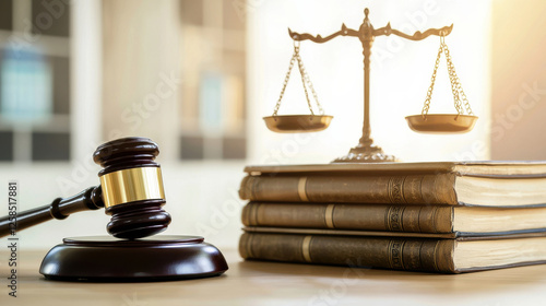 A gavel and scales of justice symbolize law, order, and legal processes.