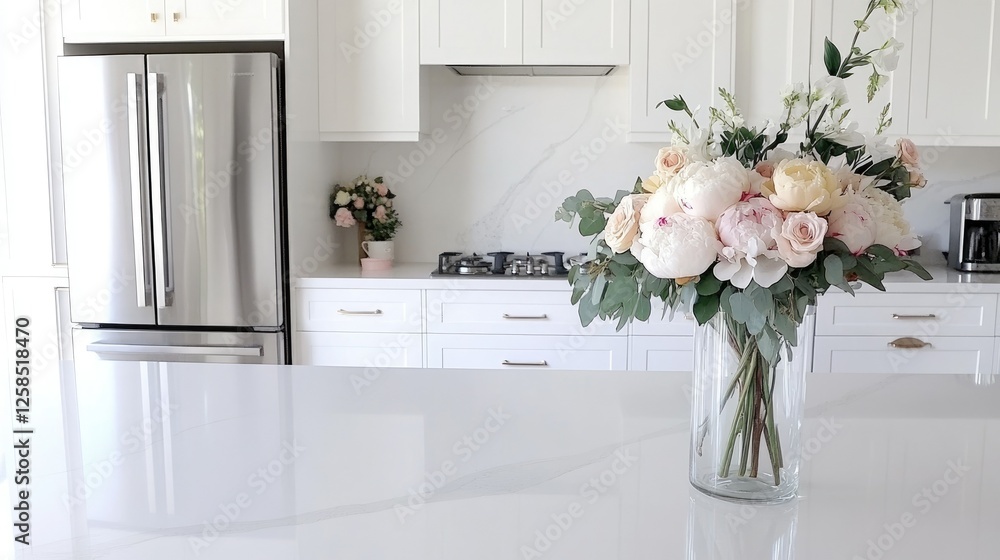 Bright and airy kitchen featuring a beautiful floral arrangement on a sleek countertop with modern appliances in a tranquil setting Bright and airy kitchen featuring a beautiful floral arrangement on a sleek countertop with modern appliances in a tranquil setting