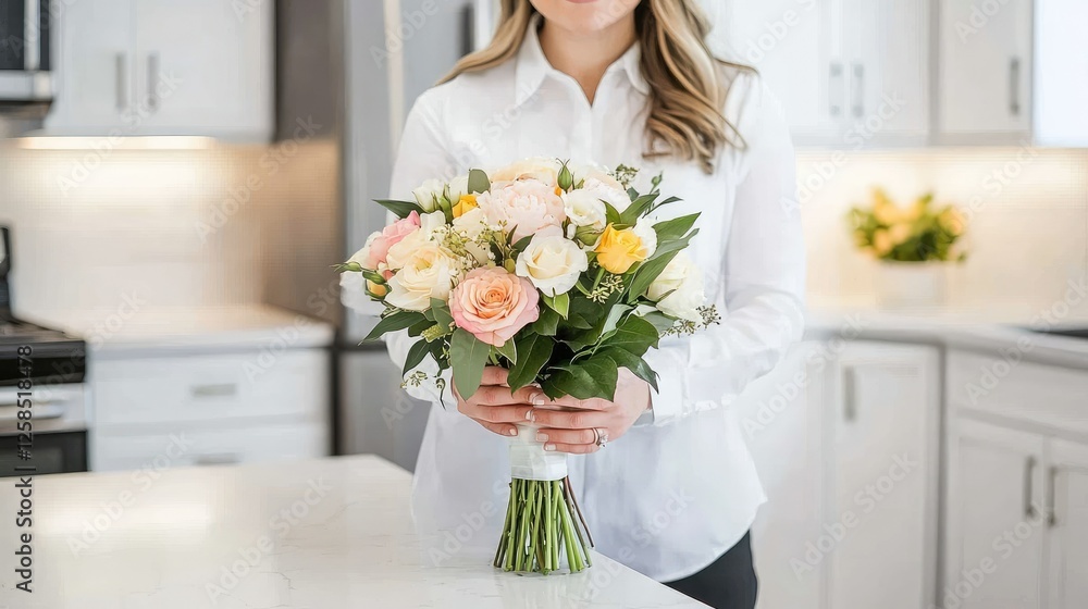 A woman stands in a sunlit kitchen, joyfully holding a stunning bouquet filled with a vibrant mix of colorful flowers A woman stands in a sunlit kitchen, joyfully holding a stunning bouquet filled with a vibrant mix of colorful flowers