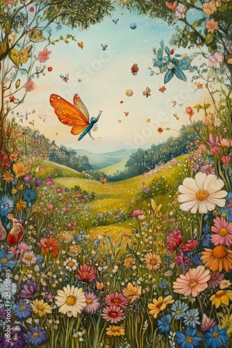 Vivid, colorful landscape scene with a field full of bright flowers and butterflies flying around