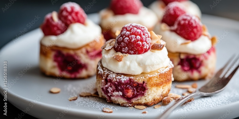 Mini raspberry cheesecakes with whipped cream and almonds on a plate. Bite-Size Almond Raspberry Spoon Cakes Mini raspberry cheesecakes with whipped cream and almonds on a plate. Bite-Size Almond Raspberry Spoon Cakes