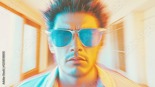 A young Asian man with spiky hair stares intensely, sunglasses reflecting a vibrant, blurred background.  Energetic and stylish. photo