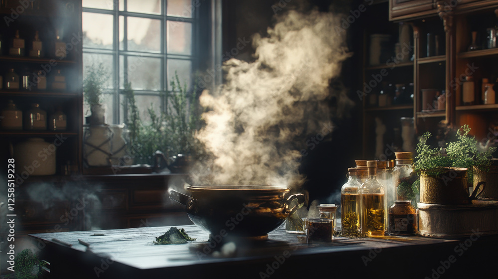 Ancient Clay Pot Steaming in a Rustic Kitchen Ancient Clay Pot Steaming in a Rustic Kitchen