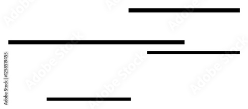 Black horizontal lines of varying lengths aligned asymmetrically against a clean white background. Ideal for modern art styles, balance concepts, simplicity, focus, Zen themes, linear motion