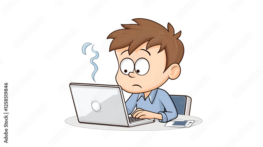 A cartoon illustration of a frustrated young man sitting at a desk, staring at a malfunctioning laptop with steam rising from it, symbolizing technology issues and stress A cartoon illustration of a frustrated young man sitting at a desk, staring at a malfunctioning laptop with steam rising from it, symbolizing technology issues and stress