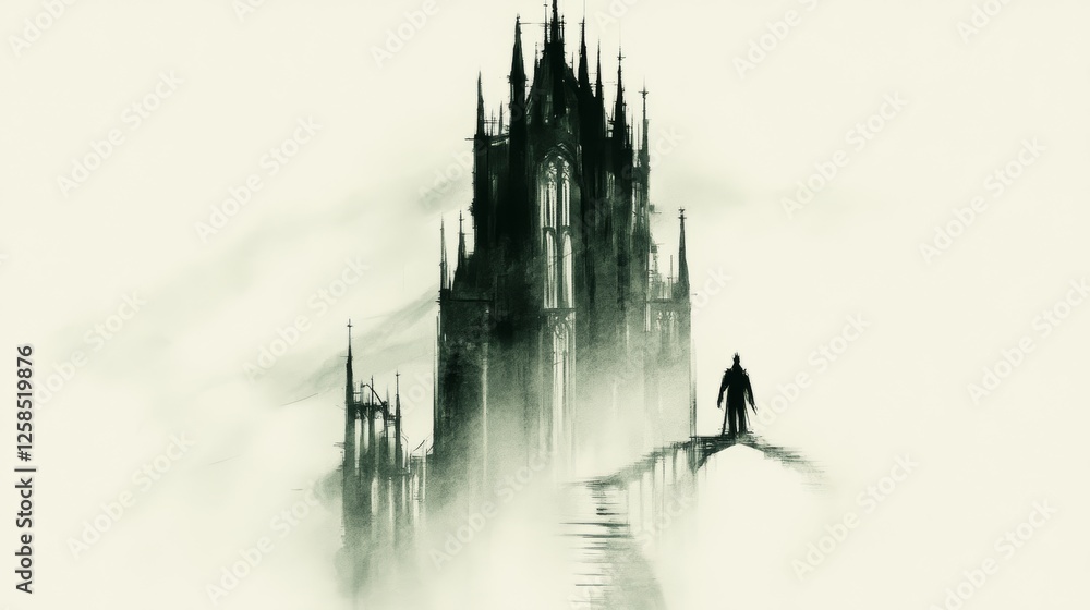 Fototapeta premium A solitary figure walks towards a gothic cathedral shrouded in mist, a haunting scene in shades of gray.