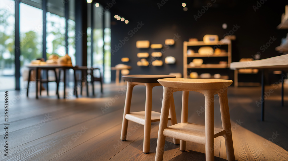 Modern wooden stools in stylish interior showcase innovative design. warm tones and minimalist decor create welcoming atmosphere, perfect for contemporary spaces Modern wooden stools in stylish interior showcase innovative design. warm tones and minimalist decor create welcoming atmosphere, perfect for contemporary spaces