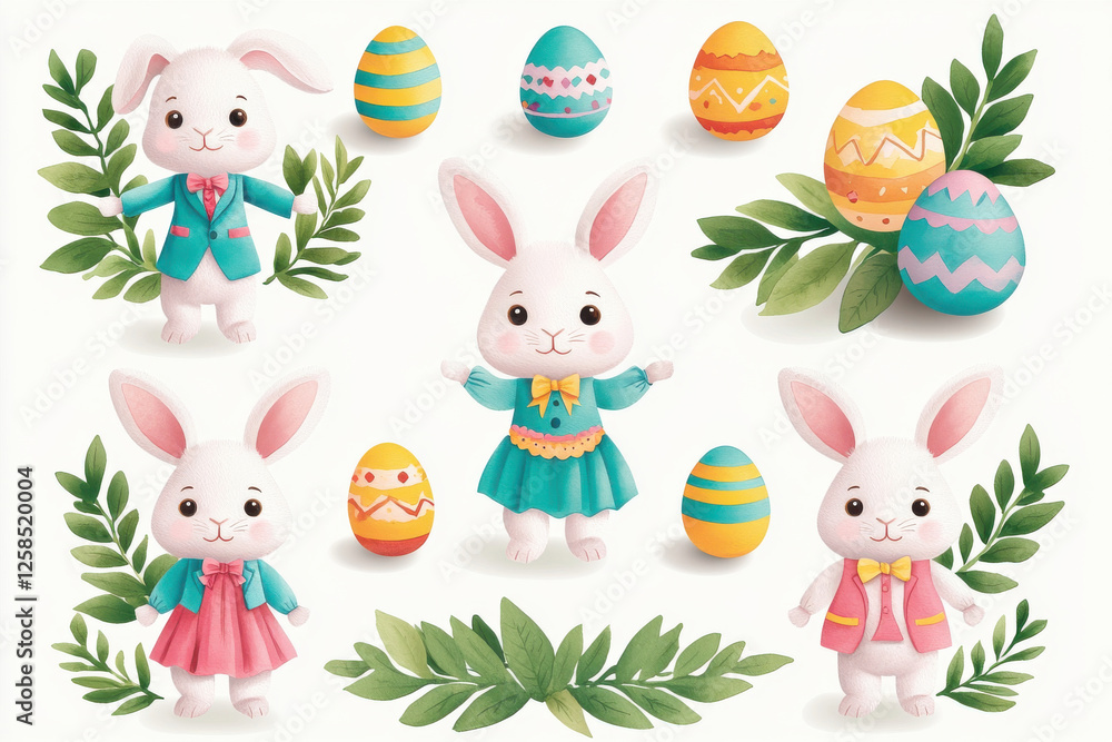Naklejka premium Charming Easter bunnies surrounded by colorful eggs and greenery.