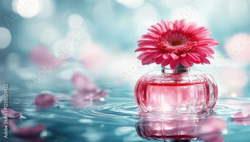 A pink perfume bottle with a red flower, centered on the water surface, with a blue background and water splashes around it.