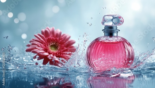 A pink perfume bottle with a red flower, centered on the water surface, with a blue background and water splashes around it.