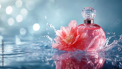 A pink perfume bottle with a red flower, centered on the water surface, with a blue background and water splashes around it.
