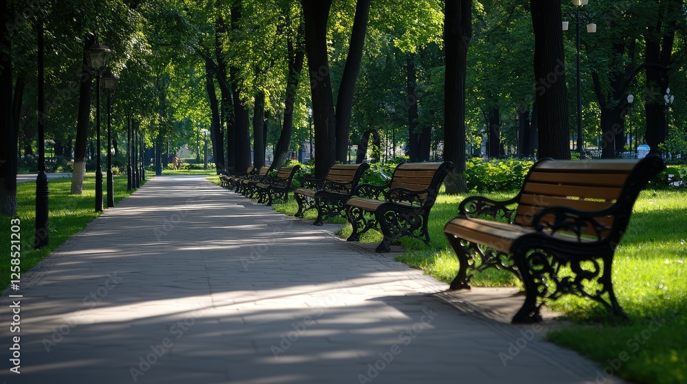 A serene pathway lined with comfortable benches nestled under lush green trees can be found in a vibrant city park during the daytime A serene pathway lined with comfortable benches nestled under lush green trees can be found in a vibrant city park during the daytime