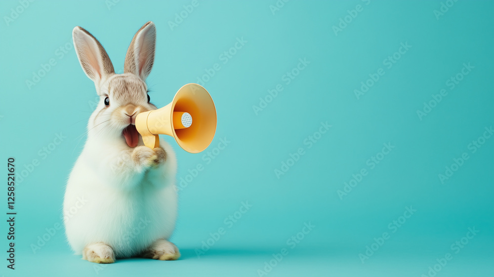 Obraz premium Easter bunny or rabbit with loudspeaker megaphone, advertising and marketing concept, social media, announce sale for holiday