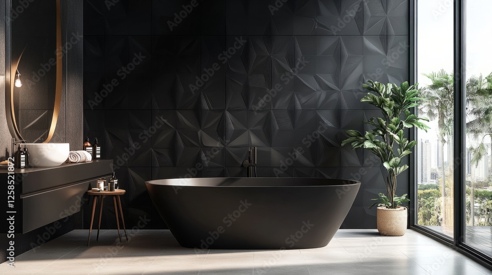 Fototapeta premium Triangular tiles in matte black with slight details in shadows, generative ai