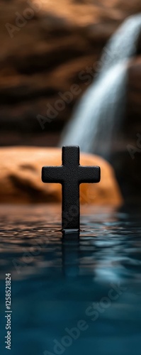 Religious Cross Standing Firmly in Water Reflecting Waterfall Symbol of Faith and Reflection photo