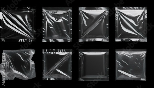 3d set of transparent plastic film with shrink effect. Overlay mockup of square and rectangle crumpled wrap.
Generated image