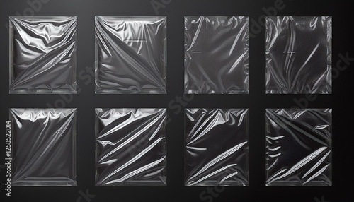 3d set of transparent plastic film with shrink effect. Overlay mockup of square and rectangle crumpled wrap.
Generated image