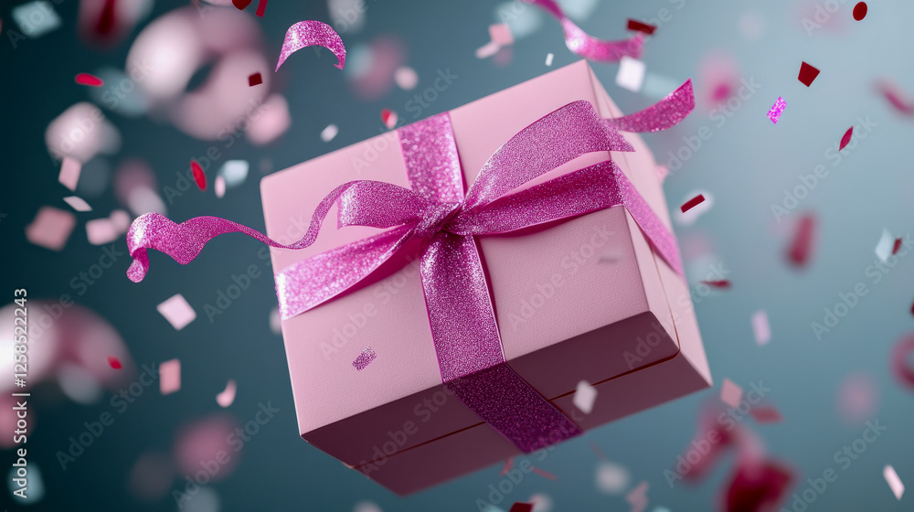 Fototapeta premium Pink gift box floating with confetti and ribbons celebrating a special occasion