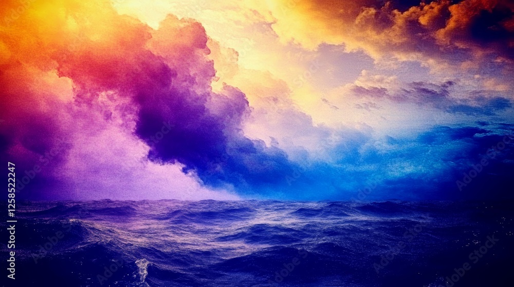 Obraz premium Vibrant sunset over a dramatic ocean scene. Colors of purple, orange, and blue create a breathtaking view.