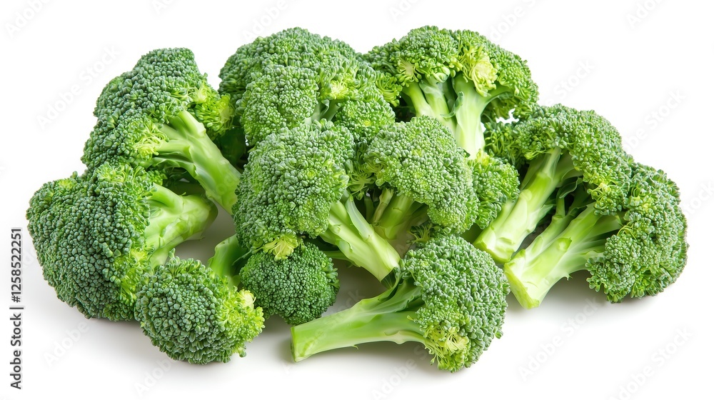 Fresh broccoli florets isolated on a white background, showcasing healthy eating and nutritious ingredients. Fresh broccoli florets isolated on a white background, showcasing healthy eating and nutritious ingredients.