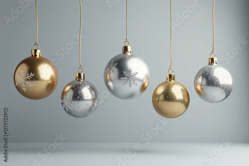 Five ornate silver and gold Christmas balls suspended in mid-air, decorations, silver, holiday
