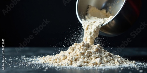 Flour dust falls from mixer bowl to dark surface below, powder, dust, flour