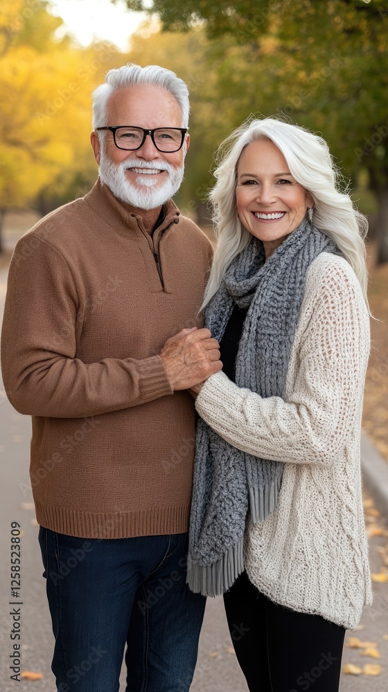 Fototapeta premium Happy couple enjoying a fall day together while walking in the park surrounded by autumn leaves in sunlight