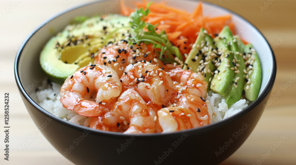 Poke bowl with salmon, avocado, rice and shrimp illustartion. Veggie salad nutrition for dinner. Healthy ingredients, seafood and sesamum served in cafe isolated object collection. Homemade dish Poke bowl with salmon, avocado, rice and shrimp illustartion. Veggie salad nutrition for dinner. Healthy ingredients, seafood and sesamum served in cafe isolated object collection. Homemade dish