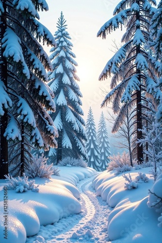 Frosty forest landscape with snow-covered trees and sparkling silver snow, forest, nature, winter