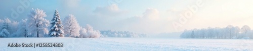 Frosty morning landscape with snow-covered trees and a pale blue horizon, landscape, winter, snowy ground
