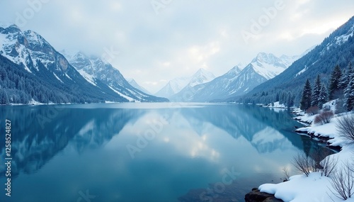 Frosty lake surface reflects snow-covered mountains, lake, serene, winter