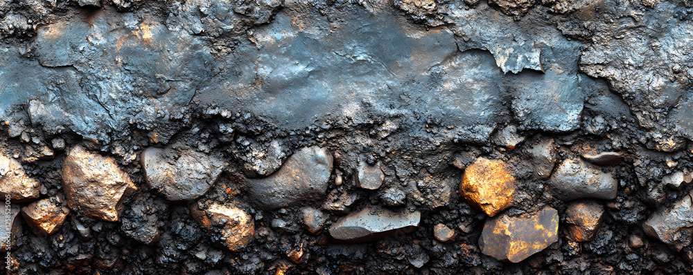 custom made wallpaper toronto digitalMetallic Rock Wall Texture, Rugged Stones Embedded in Dark, Blueish-Gray Matrix, Showing a Weathered Surface with Diverse Hues and Tones.