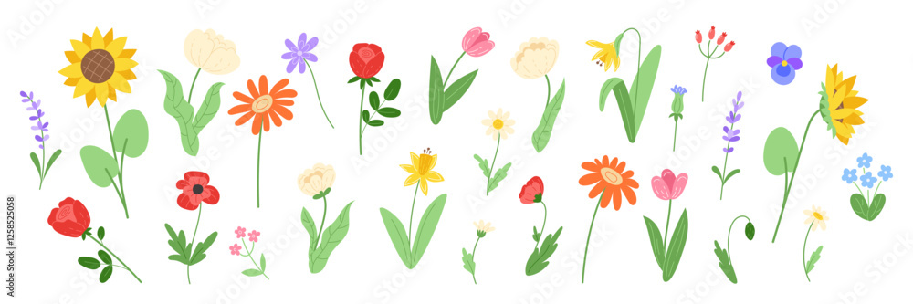 Set of spring flowers in a flat style isolated on a white background, including daisies, peonies, daffodils, tulips, roses, gerberas, sunflowers, violets, poppies, lavender, and other wildflowers Set of spring flowers in a flat style isolated on a white background, including daisies, peonies, daffodils, tulips, roses, gerberas, sunflowers, violets, poppies, lavender, and other wildflowers