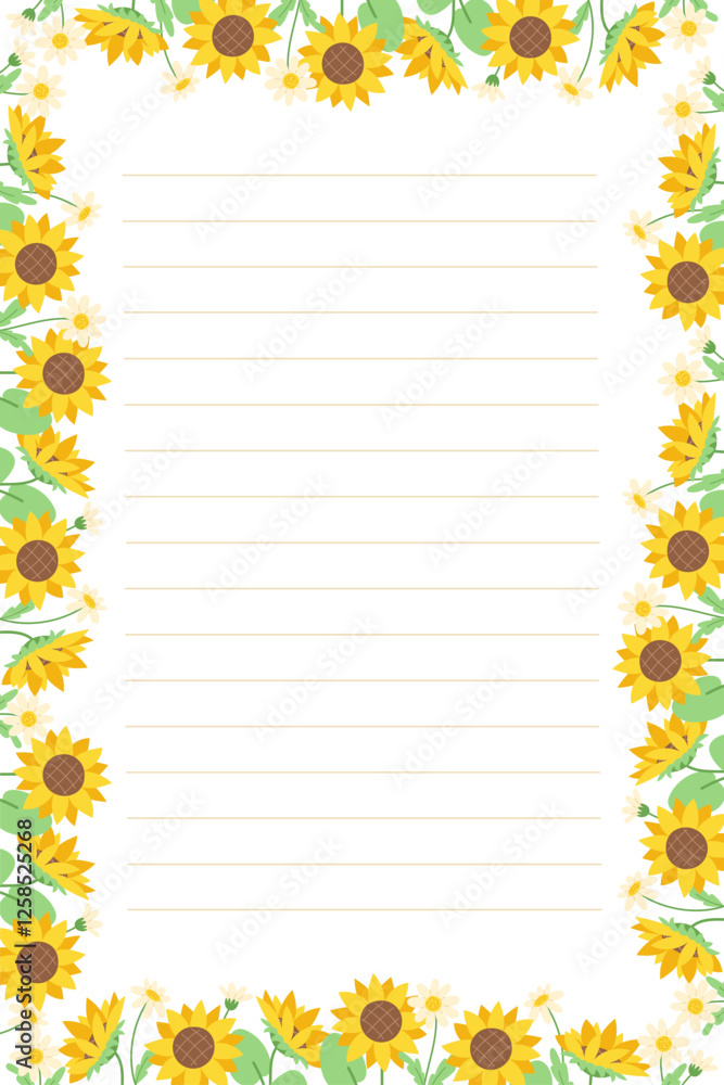 Fototapeta premium Paper page template for letter or notebook with sunflower and white daisy floral edges
