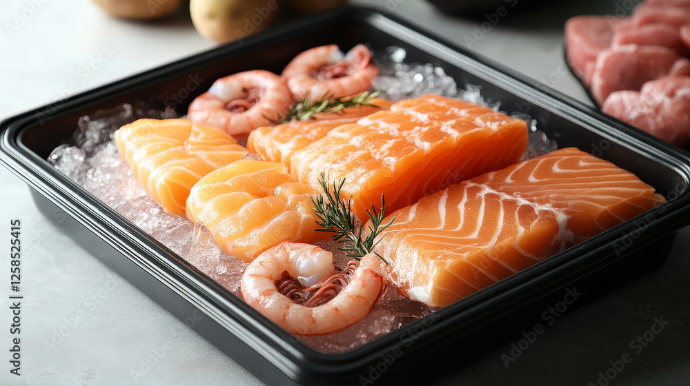 Frozen seafood Plastic package. Salmon sea fish and shrimp on tray pack for grocery market. Freezer container wrap for prawn and octopus. Cold marine dish storage bag for fridge isolated asset kit Frozen seafood Plastic package. Salmon sea fish and shrimp on tray pack for grocery market. Freezer container wrap for prawn and octopus. Cold marine dish storage bag for fridge isolated asset kit