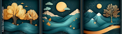 Wallpaper Mural Serene Nightscape, Golden Trees & Mountains under Moonlight,  Tranquil Paper Art Landscape Depicting Autumnal Hues and Serene Night Atmosphere Torontodigital.ca