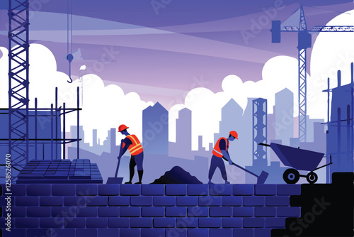 A bustling city street scene; construction workers meticulously lay asphalt, surrounded by modern buildings and heavy machinery.
