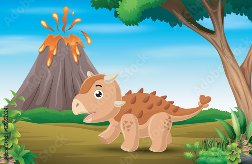 Cartoon little ankylosaurus playing with volcano erupting background