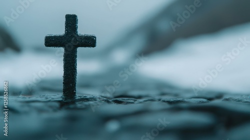 Serene Dark Cross on Weathered Stone Surface Symbolic of Faith Hope and Religious Conviction photo