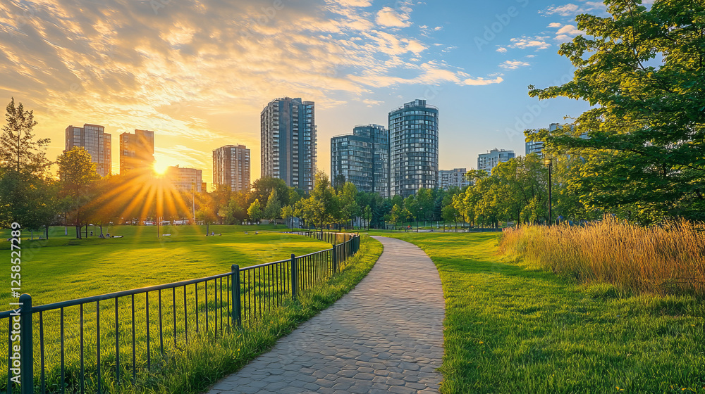 Fototapeta premium Summer city skyline, urban view background with skyscrapers, trees, green lawn and pathway along metal fence. Cityscape, downtown with architecture residential buildings, Cartoon vector illustration