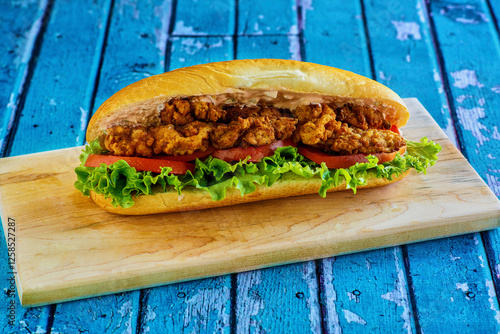 seafood po'boy with lettuce, tomato, and a remoulade sauce, served on a cutting board photo