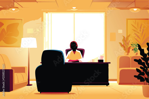 A serene, well-lit counselor's office featuring comfortable seating like a plush armchair and a sofa, suggesting a welcoming and therapeutic environment.