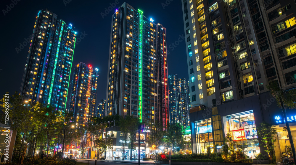 Fototapeta premium Empty night city street with neon lights. Vector cartoon illustration of modern megalopolis architecture, shops, apartment buildings. Windows of skyscrapers glowing in green, yellow, blue, red colors