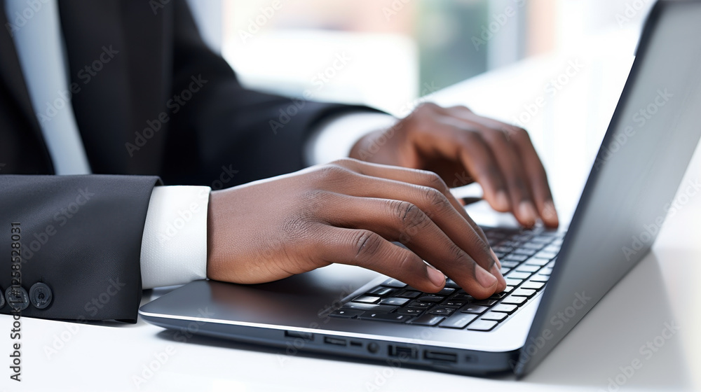 Close-up of a businessman typing on a laptop against a white background symbolizing productivity technology and efficiency