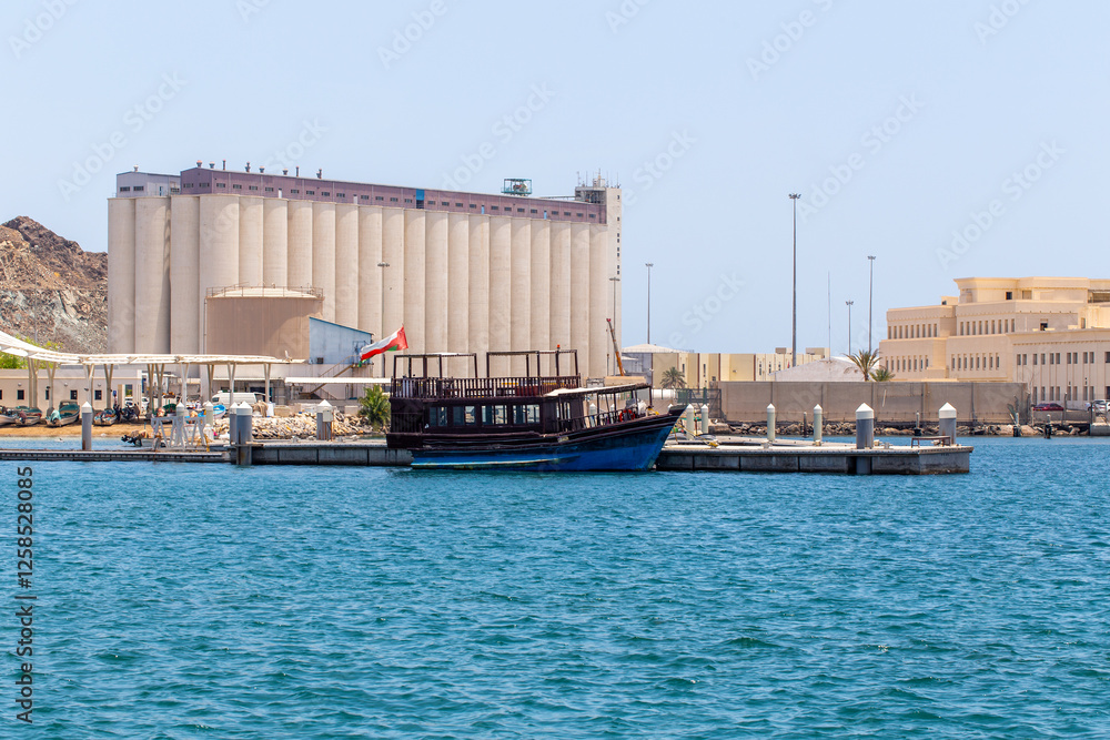 Elevator for receiving grain from bulk carriers in the port of Muttrah. Sultanate of Oman Elevator for receiving grain from bulk carriers in the port of Muttrah. Sultanate of Oman