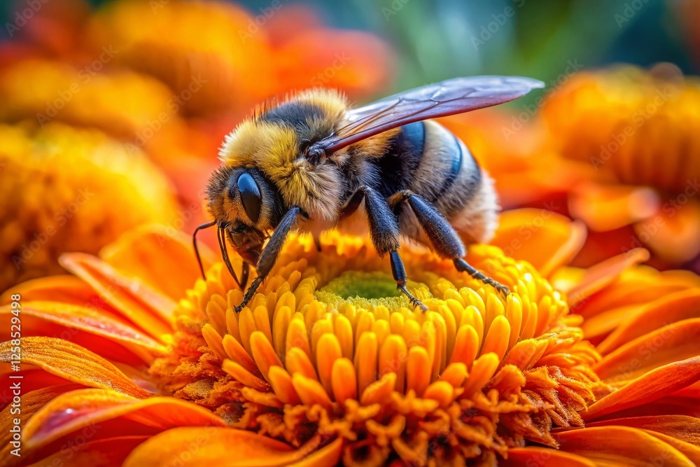 Big Bumblebee on Orange Flower Close-Up Back View - Macro Photography Big Bumblebee on Orange Flower Close-Up Back View - Macro Photography
