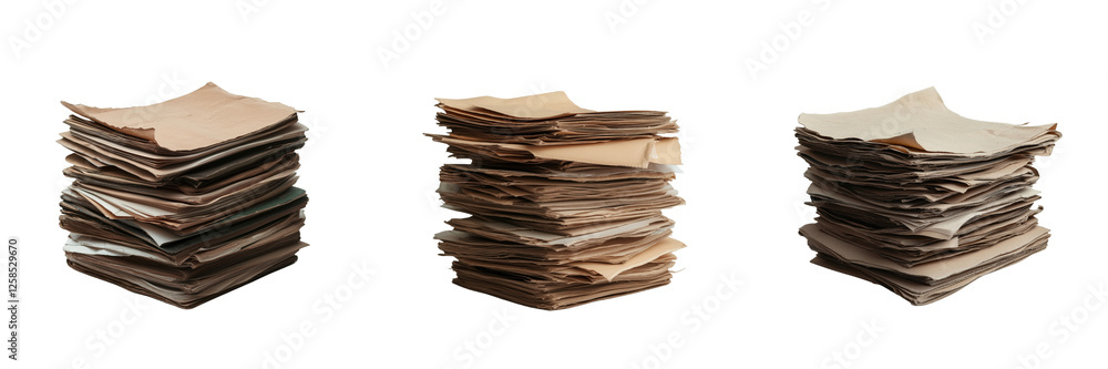Stacked paper piles office workspace on transparent background Stacked paper piles office workspace on transparent background