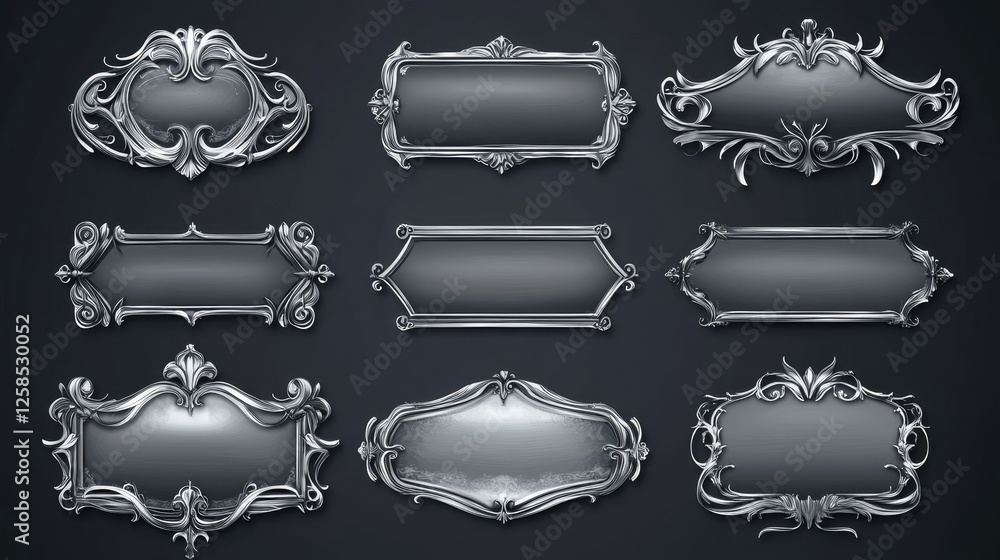 Game silver buttons with fantasy frames in medieval style. Vector cartoon set of rpg game user interface elements with empty old metal banners with fancy borders Game silver buttons with fantasy frames in medieval style. Vector cartoon set of rpg game user interface elements with empty old metal banners with fancy borders